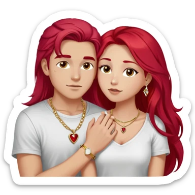 young 20 year old couple kissing, girl with long cherry red hair and dark blonde eyebrows wearing gold necklace with letter A, diamond gold ring, red bracelet and light clothes, boy with bright white hair wearing dark t-shirt and silver ring with black stone sticker