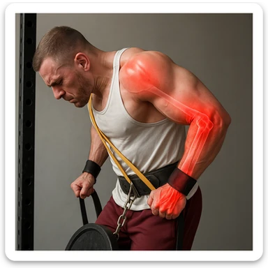 A man performing a dip exercise showing evident joint stress: shoulder, arm, and elbow highlighted in red to indicate pain or inflammation. Hyper-realistic style with anatomical details, clinical atmosphere, and neutral background. sticker