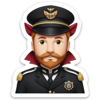 An auburn-hair'ed admiral with a flawless bear and mustache wearing a black admiral outfit and hat with Wolf Ears coming out of the hat, and 9 wolf tails behind him, with the admiral black shirt featuring on the left breast pocket the insignia of Helldivers 2. sticker