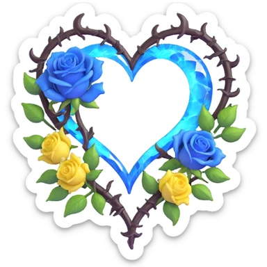 gothic heart made of smoky quartz glass, silver crescent moon, glowing blue roses, holographic stardust, neon yellow lightning, drenched and splintered glass sticker