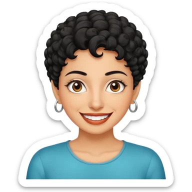 30 year old iranian woman very short curly black hair, big brown eyes, tanned skin, big smile, white teeth, pretty, stylish, shorter hair, boy cut hair sticker