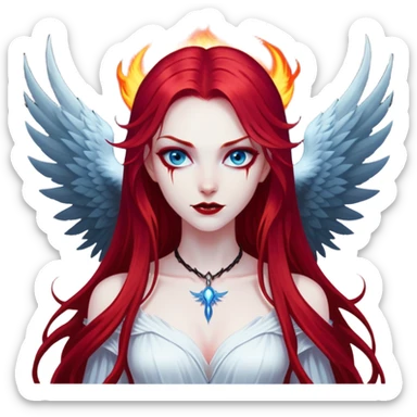 full body portrait of an extremely diabolical girl with pale white skin, massive towering wings, very long flowing blood red hair, glowing blue eyes, black hellfire aura, no horns, evil grin, no necklace sticker