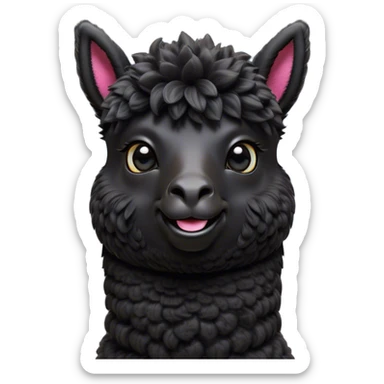 Cinematic Comical Black Alpaca Portrait Emoji, Head tilted dramatically with an exaggeratedly amused expression, featuring a striking jet-black fleece with playful texture, wide, expressive dark eyes filled with playful disbelief, Simplified yet hilariously expressive features, highly detailed, glowing with a slightly sassy glow, high shine, dramatic yet playful, stylized with an air of cheeky mischief, bright and endearing, soft glowing outline, capturing the essence of a spirited and over-the-top alpaca, so meme-worthy it feels like it could side-eye its way into internet fame instantly! sticker