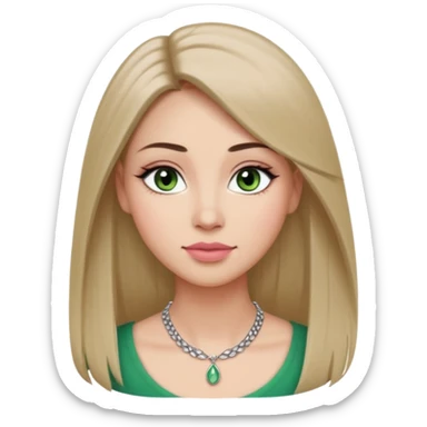 Adult woman avatar, light skin tone, oval face, long straight ash-brown hair, green almond-shaped eyes with dramatic eyelashes and minimal eyeliner, neutral mouth, medium straight eyebrows, small nose, natural pink lips, smooth skin with light natural blush sticker