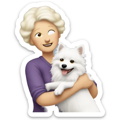 blonde grandma hugs a white spitz dog. the grandma hair is blonde and the spitz dog hair is white sticker