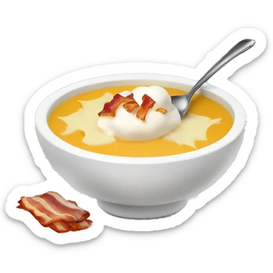 Soup with potato, shredded cheese, dollop of sour cream, bacon bits, and a spoon sticker
