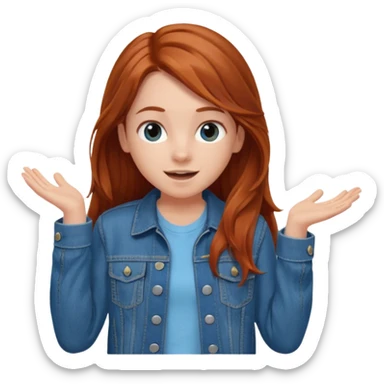 shrugging happy emoji tween long auburn hair light blue shirt with a darker blue L sticker
