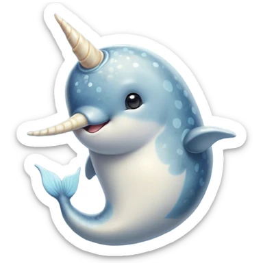 Cinematic Cute Narwhal Portrait Emoji, Head tilted playfully and inquisitively, showcasing a sleek, streamlined body with subtly iridescent, mottled gray skin and a prominently spiraled ivory tusk, complemented by round, sparkling eyes full of gentle wonder, Simplified yet irresistibly adorable features, highly detailed, glowing with a warm, friendly arctic glow, high shine, affectionate and lively, stylized with a touch of whimsical marine charm, soft glowing outline, capturing the essence of a mischievous yet loving narwhal that seems as if it could frolic out of the screen into your heart! sticker