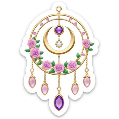 Epic beautiful gorgeous cute gold suncatcher, threads with shiny sparkly amethyst and rose-quartz gemstones, flowers, moons, stars, leaves, detailed sticker