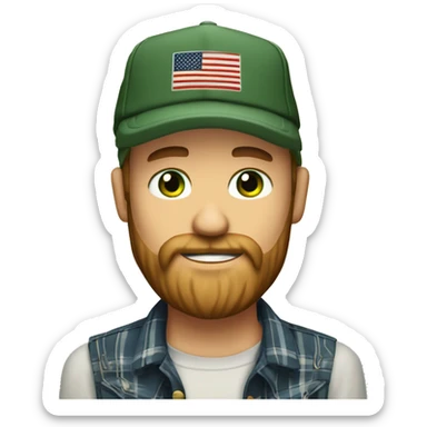 Short hair but Long Bearded man with trucker cap and flannel shirt and green eyes, who is in to American country music sticker
