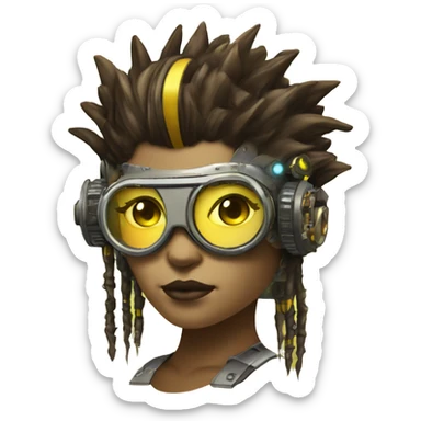 Brown with yellow streaks Mohawk hair female cyborg head, fair skin, steampunk goggles and circuits sticker