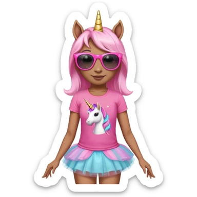 friendly anthropomorphised female unicorn with horse-like face, in tutu and pink t-shirt, wearing dark sunglasses, standard pose, close-crop head and shoulders sticker
