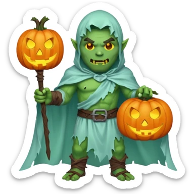 male orc warrior ghost emoji, green skin, wearing torn white ghost sheet costume, holding glowing jack-o'-lantern, faint blue aura, friendly but spooky expression, Halloween fantasy theme, Apple emoji style, clean white background, square sticker