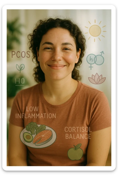 Realistic and cinematic vertical 2:3 portrait of a happy and healthy woman with PCOS, satisfied expression, balanced diet maintaining low inflammation and cortisol. Bright atmosphere with symbols of hormonal balance and well-being, very few writings. sticker