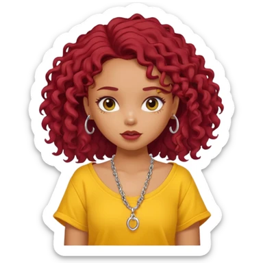 generate a pretty bratz girl with an oversized yellow tshirt falling off her shoulders, wearing a silver dainty necklace, curly dark red hair sticker