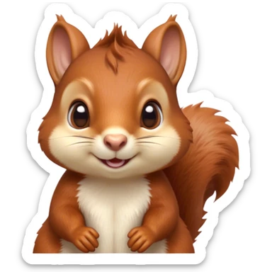 Cinematic Cute Squirrel Portrait Emoji, Head tilted playfully and inquisitively, featuring a fluffy, vibrant auburn Fur with a delicate cream belly and a bushy tail, round, sparkling eyes filled with curious mischief, Simplified yet irresistibly adorable features, highly detailed, glowing with a warm, friendly glow, high shine, affectionate and lively, stylized with a touch of woodland whimsy, bright and endearing, soft glowing outline, capturing the essence of a mischievous yet loving squirrel, so playful it feels like it could leap out of the screen and into your arms! sticker