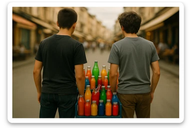 endi shu aravani bir balonchasi singan ko'rinishda va aka uka uning yonida turganini tasvirla yuzlari ko'rinmasin sticker