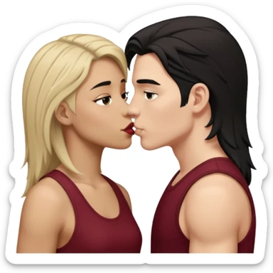 a white masculine woman with short mullet tomboy black hair wearing men's black tank top kissing a lightskin woman with long dark blonde hair wearing maroon tank top sticker