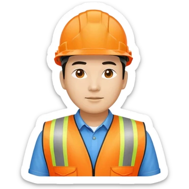 Chinese man wearing orange safety helmet and high visibility vest sticker