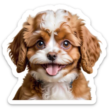 Cinematic Meme-Worthy Grumpy Apricot Cavoodle Portrait Emoji, Head held high but eyes filled with dramatic disappointment, smooth, curly apricot fur with striking white patches, deeply furrowed brow forming an unmistakable scowl, floppy ears slightly angled back in disapproval, piercing brown eyes glaring with pure exasperation, Simplified yet hilariously over-exaggerated features, highly detailed, glowing with an aura of supreme annoyance, high shine, exhausted yet judgmental, stylized with an almost regal pettiness, bright but brooding, soft glowing outline, capturing the essence of a companion that has seen it all and is thoroughly unimpressed, so meme-worthy it feels like it could instantly become the next viral sensation of grumpiness! sticker