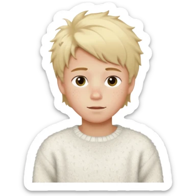 create-a-look-for-a-blond-boy-with-long-tousled-hair-light-eyes-a-white-sweat + fluffy white sweater + styled hair blonde with hair to the side cute + cute face with freckles  medium hair fluffy to the side no long hair sticker