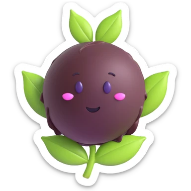 açaí berry bonbon in realistic emoji style, deep purple shiny berry, bottom half dipped in dark chocolate, small realistic green leaf on top, no face, clean glossy modern emoji look with lifelike details sticker