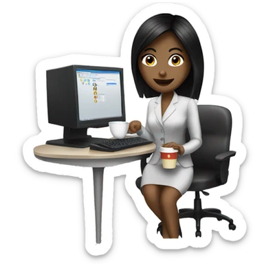 Secretary black hair computer and drinking coffee sticker