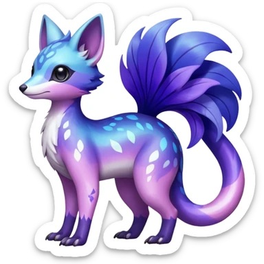  Shiny iridescent glossy oily smooth silky soft White with indigo-Violet-purple-pinkish-gradient markings beautiful handsome gorgeous aesthetic colorful vibrant Vernid-Trico-species-Fakemon-creature by LiLaiRa, 4 legs, 1 tail, random markings, (full body) sticker