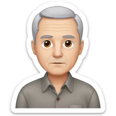 Close-up portrait of René Monclova. Light-skinned older man with round face and broad jaw. Short silver-gray hair with visible receding hairline. Warm brown eyes, thick eyebrows. Neutral expression. Wearing a dark button-up shirt. sticker