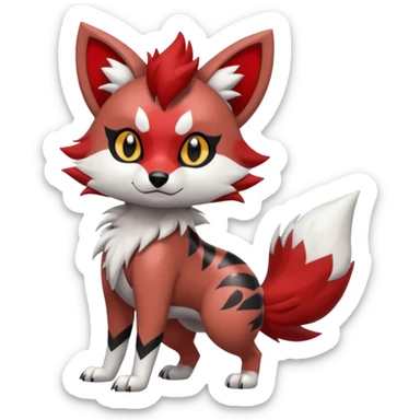 Red Lycanroc-Furret-Zorua-Poochyena-fusion, full body, with black and white edgy markings patterns sticker