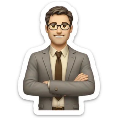To belt Actively gesturing with hands Pale skinned fit man teacher with dark brown hair in gray jacket, beige office shirt, brown tie, brown pants and vintage glasses. sticker