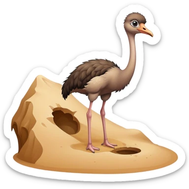 A cute cartoon male ostrich standing next to a hole in the sand. sticker