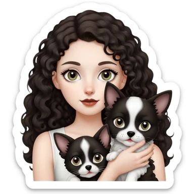 Girl holding black and white small dog. Girl is pretty, sharp cat eye line. Dark brown big curls. Long hair. Pale. Dog had black ears, black circles around eyes, dog has white mouth and head sticker