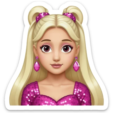 Ariana Grande with long white blonde ponytail hair, dark pink sequin dress, pink earrings sticker