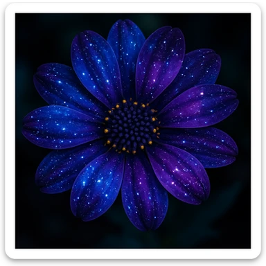 a vibrant flower with petals resembling a galaxy, deep blues and purples, scattered stardust, ethereal look sticker