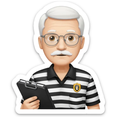 An old stern white hair and mustache, wear glasses referee with a clipboard, monitoring players closely. sticker