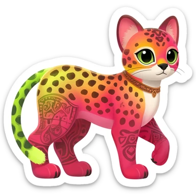 Colorful cute adorable tropical exotic fruity kiwi-green lemony rosy neon-red Caracal-Cheetah-Civet-Trico-fusion-hybrid-animal-creature, full body, with tribal tattoos sticker