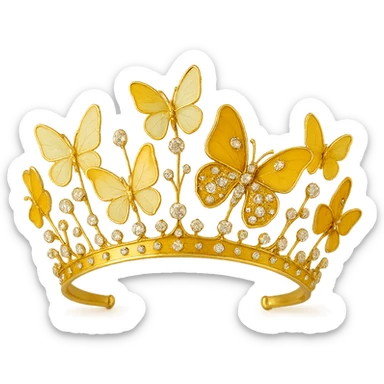 butterfly crown with a golden yellow base, butterflies in pastel and deep yellow enamel, sparkling gems sticker