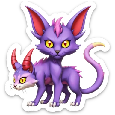 Black horned vampiric edgy demon-Noivern-Noibat-Purloin-Torracat-Lykoi-Caracal-cat-Fakemon-fusion-hybrid-creature with violet and red scale markings with 2 horns sticker