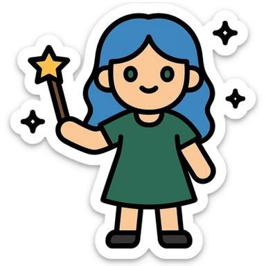 full body of beautiful girl with blue hair and green eyes, holding a magic wand, wearing dark green dress, icon style sticker