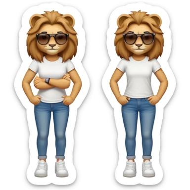 friendly anthropomorphised female lion character, full body, standing confidently with legs shoulder width apart and arms folded, wearing jeans, a white t-shirt, dark sunglasses, and trainers, with a determined expression sticker