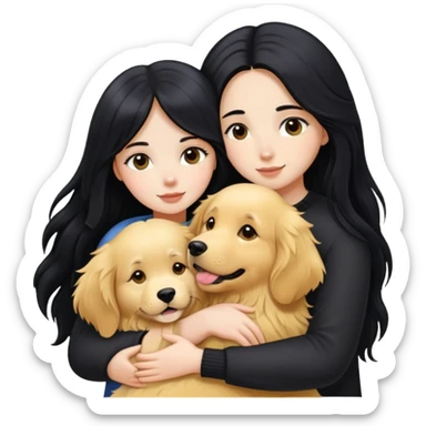 A white girl with long black  hair tightly hugged a Golden Retriever sticker