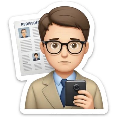 white male reporter looking at photographs, wearing glasses, thoughtful expression sticker