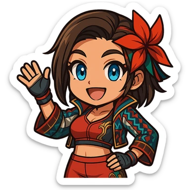 Azucena from Tekken 8 in chibi sticker style, smiling and waving, standard Twitch emote, wearing her detailed red and patterned outfit as shown in the reference images. sticker