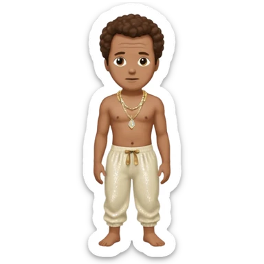 Sergei Eisenstein with brown hair, cream sequin baggy pants, shirtless with necklace sticker