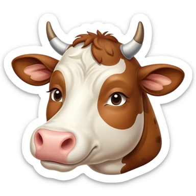 Meme-Worthy Cute Sleeping Brown and White Cow Portrait Emoji, Head resting peacefully with a contented smile, showcasing a robust build and a luxuriously soft patterned hide of brown and white, eyes shut in a serene, restful nap, Simplified yet hilariously adorable features, highly detailed, glowing with a soft, drowsy light, high shine, relaxed and utterly lovable, stylized with an air of playful laziness, bright and heartwarming, soft glowing outline, capturing the essence of a comically sleepy cow, so meme-worthy it feels like it could instantly become the next viral sensation of adorable slumber! sticker