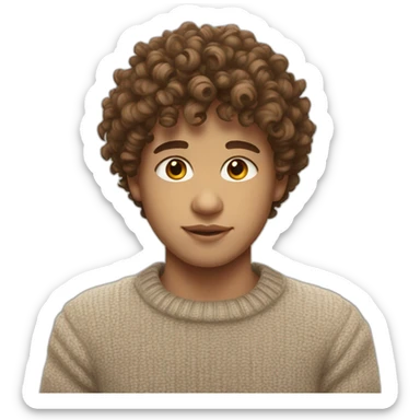 Boy with curls from Venezuela Fair skin ton, semi-light brown curly hair. Wearing a sweater with fringes of 3 aesthetically pleasing. colors. "White skin" sticker