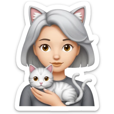 Haz una imagen estilo emoji de iPhone con una chica blanca de cabello ondulado claro tomando en brazos a su gato gris con blanco sticker