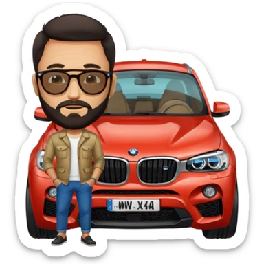 Mediterranean looking guy (beard and dark hair) on his 40's standing by his BMW X4M competition wearing rayban glasses  sticker