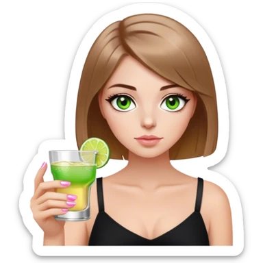 green eyes light brown hair white girl with short bob no bangs with a shot of tequila wearing black light pink nails sticker